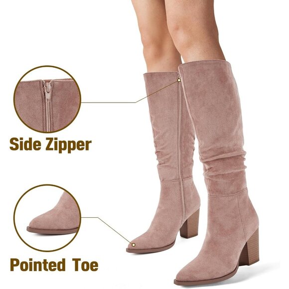 Women's Pointed Toe Knee High Faux Suede Slouch Taupe High Boots Chunky Heels - Picture 2 of 8